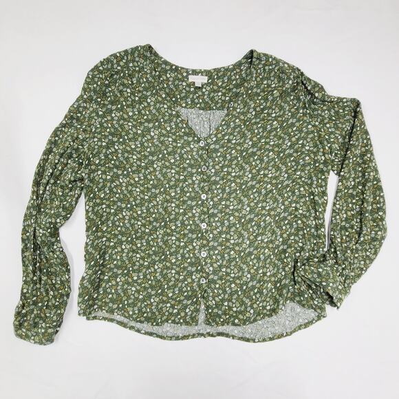 Garnet Hill Tops - Garnet Hill Clio Button-Up Blouse Green Floral Lightweight V-Neck Size 12